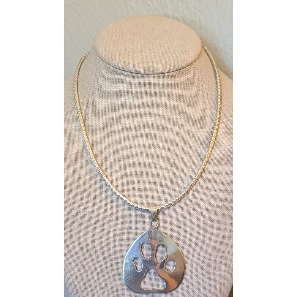 925 Sterling Paw Print Pendant on Thin Woven 925 Silver Italy 16-18" Collar